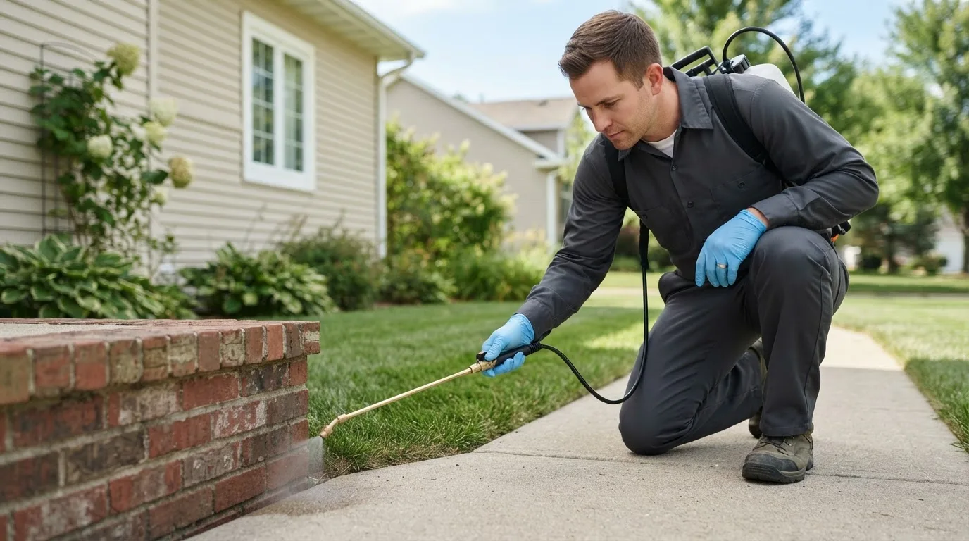 Pest control technician treating a home near Keswick, IA