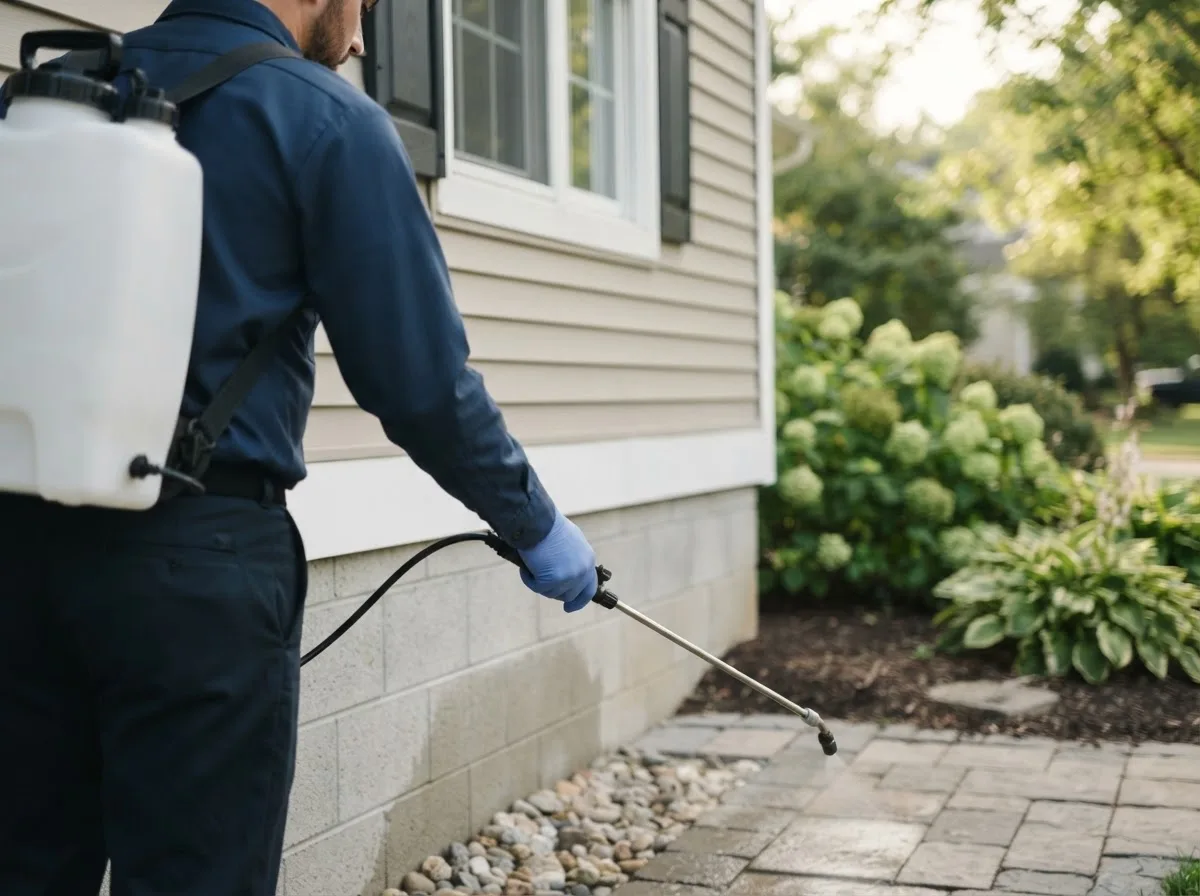 Pest control technician inspecting a home in Keswick, IA